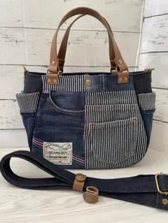 リメイクデニム☆本革持ち手のトートバック