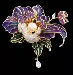 イタリアで購入 エナメル調 フラワー 牡丹 ブローチ パール ドロップ 優雅新品