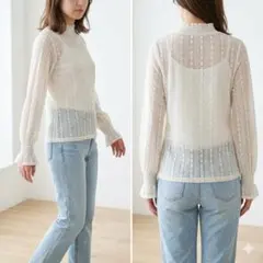 【美品】GU ジーユー 総レース ハイネックブラウス S 白 キャンディスリーブ