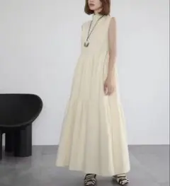 ワンピース ロング マキシ丈 ティアード 異素材 ニット ノースリーブ 着痩せ