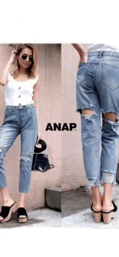 ANAP ダメージ テーパードデニム