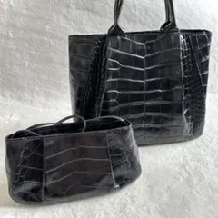 美品【2点セット！ハンドバッグ付き】フルラ クロコ型押し2WAYバッグ ブラック