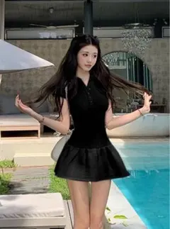 ポロカラー異素材フレアミニワンピース[at2496]