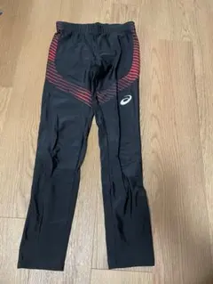 ASICS 陸上用タイツ黒/赤 ストライプ