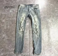 mnml ミニマル ダメージ加工 穴あき デニムパンツ 革パッチ W34 - メルカリ