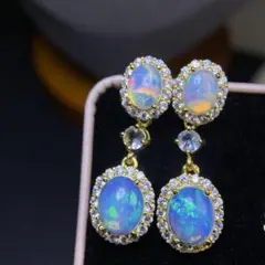 天然オパールドロップピアス6×8mm / 8×10mmアクアマリン4mmS925