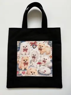 ハンドメイド ポメラニアン柄 パネル生地 帆布 トートバッグ 黒 - メルカリ