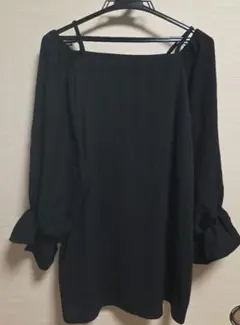 スクエアネック 長袖 チュニック ワンピース 黒 レディース 大きいサイズ