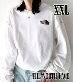 新作 日本未発売 2XL ノースフェイス ロゴ刺繍 ロンT 春夏 薄手 ホワイト