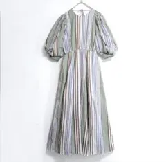 美品】Mサイズ ヌキテパ ストライプ柄 Vネック 半袖ワンピース