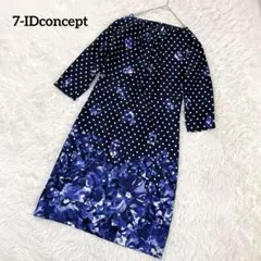 7分袖ワンピース ネイビー ドット柄 水玉 花柄 M 膝丈 薄手 上品のサムネイル