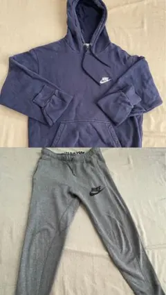 Nike ネイビー フード付きパーカー L + グレー スウェットパンツ