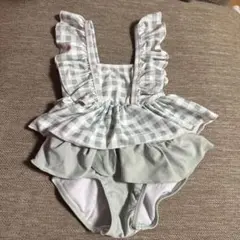 ベビー水着 グリーンチェック フリル付き