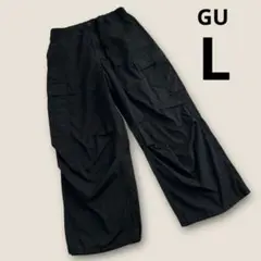 GU スーパーワイドカーゴパンツ ブラック L ウエストゴム 裾ドローコード付き