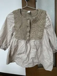 ベージュ ケーブルニット 五分袖シャツ