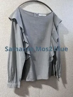 Samansa Mos2 blue ストライプフリルブラウス　L