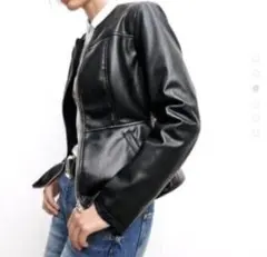 ZARA フェイクレザージャケット ペプラム ノーカラー XS 新品未使用