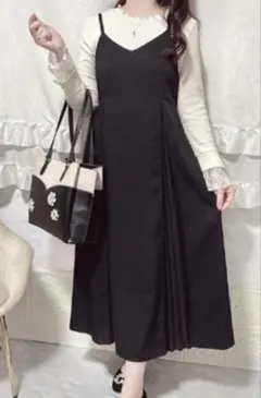 【しまむらcoco】キャミワンピース ブラックL プリーツ入り