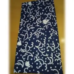 和柄 カフェカーテン 紺色 波模様
