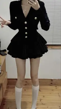 黒いベルベットダブルブレストセットアップ