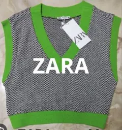 ZARA ヘリンボーンニットベスト M ブラック・グリーン