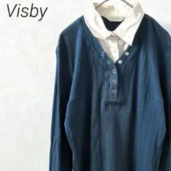 Visby カットソー リブ シャツドッキング 重ね着風 ハーフボタン シンプル