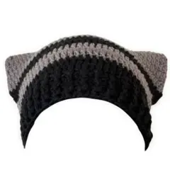 猫耳 ニット帽　グレー ブラック ハンドメイド Y2K 編み物 ビーニー