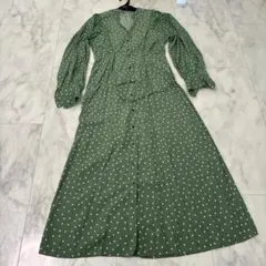 SHIPS シップス　グリーンドット柄長袖ロングワンピース