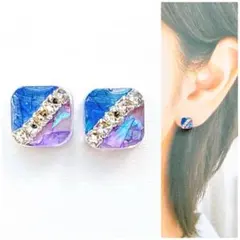 ブルー×パープルバイカラー7mmスクエアピアス/イヤリング　再販　人気