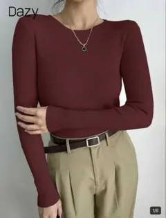 SHEIN DAZYクルーネックスリムニットMマルーンボルドー赤