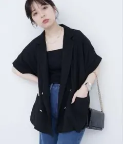 natural couture 袖口ロールUP綿麻シアージャケット ブラックのサムネイル