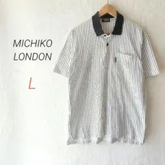 ミチコロンドンジーンズ【L】ストライプポロシャツ　胸ポケット　コットンのサムネイル