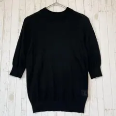 ◆モックネック　ニット　五分袖　パフスリーブ　リブ　伸縮性　透け感　ブラック