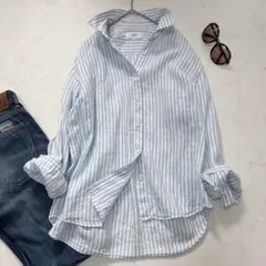 美品 UNIQLO ユニクロ リネンシャツ ストライプ 長袖 麻100% M 青のサムネイル