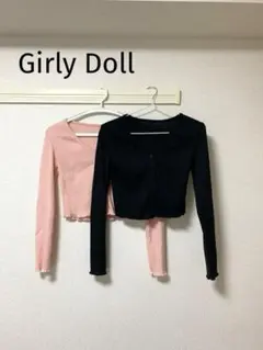 Girly Doll Vネックリブニットカーディガンセット　韓国ファッションのサムネイル
