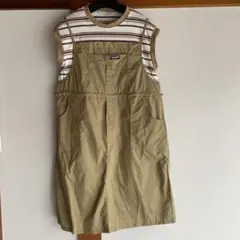 カーキ ストライプ付きオーバーオール