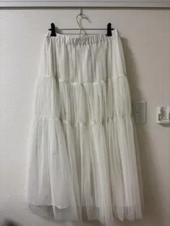 ホワイト チュール ティアードロングスカート
