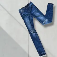 【レディース】ストレッチデニム 濃紺 ダメージ加工 ジーンズ デニム スリム