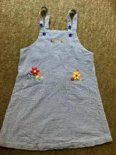 ミキハウス ギンガムチェック 花柄刺繍 ノースリーブ エプロン