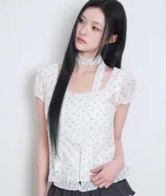 ILLIGO リボンタイスクエアネックブラウスホワイトドット イリゴ 即日発送