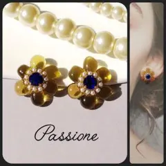 【一点物】サファイア＆パール クリアイエローフラワー ピアス/イヤリング