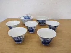 古伊万里 染付 蓋付き飯碗 6客セット】角福 花唐草 古陶磁 蓋茶碗 和