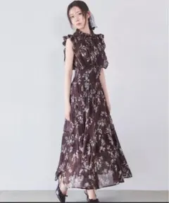 スナイデル　プリントプリーツシャーリングワンピース　ブラウン　0サイズ