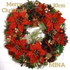 ベルベットポインセチアのクリスマスリース❣️玄関　レッド&ゴールド