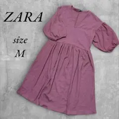 ZARA ザラ ボリューム袖Vネックフレアワンピース M ウエストゴム 薄手