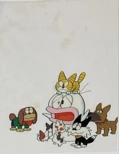 a１４　オバケのＱ太郎ミニセル画【ワンちゃん、にゃんこに囲まれたＱ太郎】