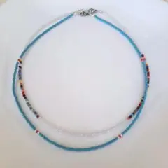 No.183 ビーズネックレス　ハンドメイド　重ね付け2個セット ターコイズ色