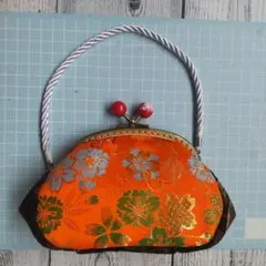 オレンジ和花柄がま口ハンドメイド