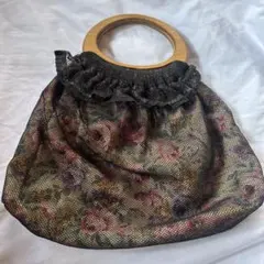 レトロ　花柄メッシュ グラニーバッグ 木製ハンドル