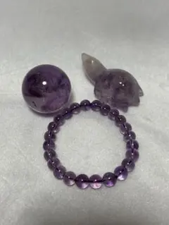 【アメジスト】ブレスレットと置物　3点セット　亀　ミニスフィア
